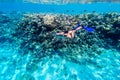 Man In Snorkeling Mask Dive Underwater With Tropical Fishes In Coral Reef Sea Pool