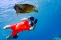 Man snorkeling with sea turtle in the tropical water of Maldives Royalty Free Stock Photo