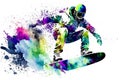 Man snowboarder jump on snowboard with rainbown watercolor splash isolated on white background. Neural network generated