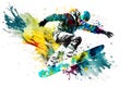 Man snowboarder jump on snowboard with rainbown watercolor splash isolated on white background. Neural network generated