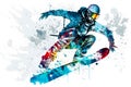 Man snowboarder jump on snowboard with rainbown watercolor splash isolated on white background. Neural network generated