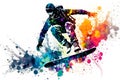 Man snowboarder jump on snowboard with rainbown watercolor splash isolated on white background. Neural network generated