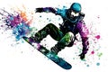 Man snowboarder jump on snowboard with rainbown watercolor splash isolated on white background. Neural network generated