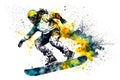 Man snowboarder jump on snowboard with rainbown watercolor splash isolated on white background. Neural network generated