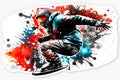 Man snowboarder jump on snowboard with rainbown watercolor splash isolated on white background. Neural network generated