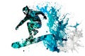 Man snowboarder jump on snowboard with rainbown watercolor splash isolated on white background. Neural network generated