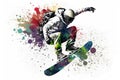 Man snowboarder jump on snowboard with rainbown watercolor splash on white background. Neural network generated