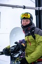 man snowboarder portrait in ski lift cabin