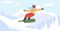 Man snowboarding down snowy mountain. Winter extreme sport. Boy in helmet and sportwear. Freeride on snowboard. Outdoor