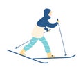 Man in snowsuit taking part in race, cross-country or Nordic skiing competition. Winter sports and recreational activity