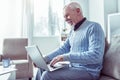 Beaming bearded retired man sitting on grey sofa having video chat