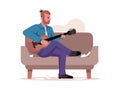 Man on sofa playing on string guitar compose songs