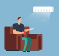 Man on sofa under air conditioning. Room climate control vector concept