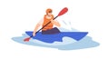 Man in solo canoe rowing with paddle on water. Person in helmet and life vest riding boat with oar on river. Extreme Royalty Free Stock Photo