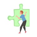 Man Solving Jigsaw Puzzle, Back View of Guy Trying to Connect Big Green Puzzle Element Cartoon Style Vector Illustration Royalty Free Stock Photo