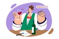 Man sommelier tastes red wine and gives five stars to alcoholic drink likes, standing near table