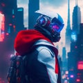 man in space mask wearing red white and blue jacket, surrounded by cyberpunk city Royalty Free Stock Photo