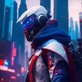 man in space mask wearing red white and blue jacket, surrounded by cyberpunk city Royalty Free Stock Photo