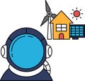 A man in a space suit is looking at a house and a windmill Royalty Free Stock Photo