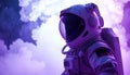 Man in a space suit is standing in front of a purple sky Royalty Free Stock Photo