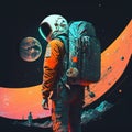 Man in space suit. Tourist with a backpack is traveling. Beautiful colorful illustration. style. Generative AI