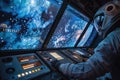 A man in a spacesuit is piloting a spaceship through space