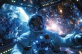 A man in a spacesuit is piloting a spaceship through space