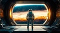 Man in a spacesuit stands in front of a window in a spaceship Royalty Free Stock Photo