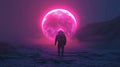 man in spacesuit walks to the pink glowing moon Royalty Free Stock Photo