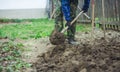 Man with spade in dirt, farmer working Royalty Free Stock Photo