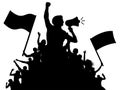 Man is a speaker with a loudspeaker. Crowd of people with flags, silhouette vector
