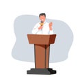 Man speaker speaking from podium with microphone. Male leader with glasses and black formal suit presenting confident Royalty Free Stock Photo