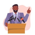 Man speaker speaking from podium with microphone. Male leader with glasses and black formal suit presenting confident Royalty Free Stock Photo