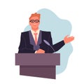 Man speaker speaking from podium with microphone, male leader with glasses and black suit Royalty Free Stock Photo