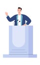 Man speaker speaks behind podium with microphone. Presidental election, balloting, public speech, presentation Royalty Free Stock Photo