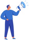 Man speaks into megaphone. Man shouts into loudspeaker to advertise. SMM, marketing strategy concept
