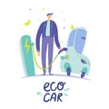 A man at a specialized gas station charges an electric car. Colorful illustration parking for recharge charge eco