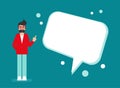 Man with speech bubble on blue background. Talk, chat message, communicate, messenger concept Royalty Free Stock Photo