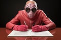 A man in a spider - man mask writing on a piece of paper. Generative AI image. Royalty Free Stock Photo