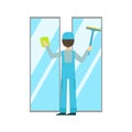 Man With Sponge And Squeegee Washing Windows, Cleaning Service Professional Cleaner In Uniform Cleaning In The Household