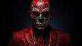 Man in spooky skeleton makeup on red background, Day of Dead Royalty Free Stock Photo