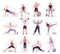 Man Sport Activities. Strong Guy In Sport Outfit, Athletic Men Trainings And Healthy Male Workout Vector Illustration