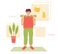 Young man with dumbbells at home. Flat design illustration. Vector