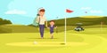 Man in Sport Suit with Golf Clubs Walking with Son Royalty Free Stock Photo