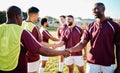 Man, sports and handshake for team greeting, introduction or sportsmanship on the grass field outdoors. Sport men Royalty Free Stock Photo