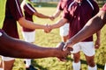 Man, sports and handshake for team introduction, greeting or sportsmanship on the grass field outdoors. Sport men Royalty Free Stock Photo