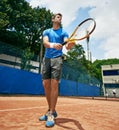 Man, sports and serve in outdoor tennis match, game and court for competition or practice. Male person, athlete and