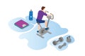 Man sports with stationary bike workput with modern isometric style Royalty Free Stock Photo