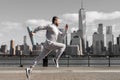 Man in sports suit training jogging. Running man in Manhattan. Morning sport workout jogger run in New York. Jogger run