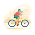 Man in sports wear riding bike and drinking bottled water. Flat vector illustration